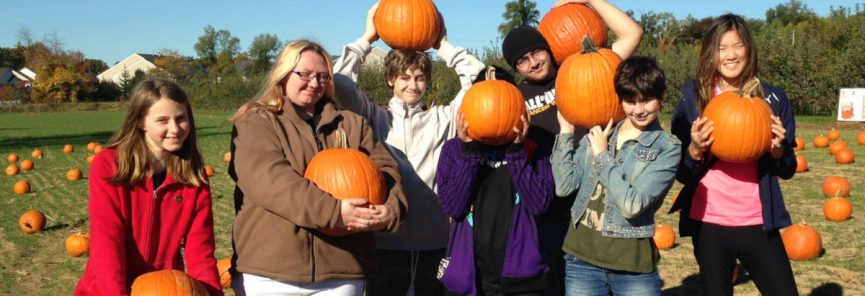 A group of kids picking pumpkins